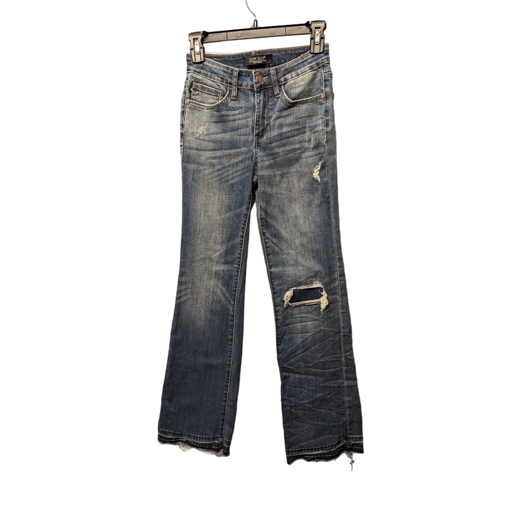 JUDY BLUE‎ 0/24 Jeans High Waist Bootcut Fit Dark Wash Unraveled Raw Hem Faded